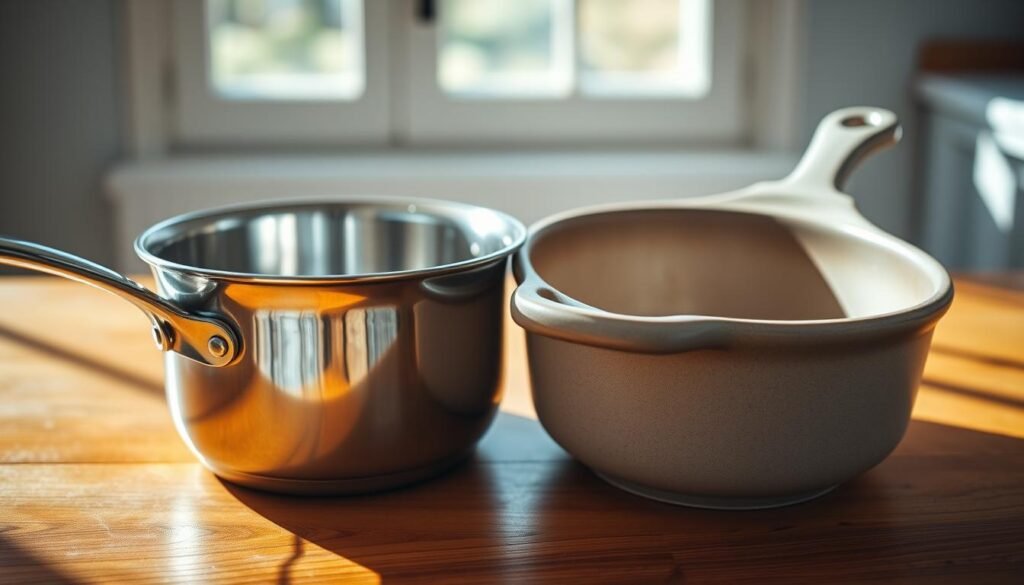 confronto tra pentole in acciaio inossidabile ceramico