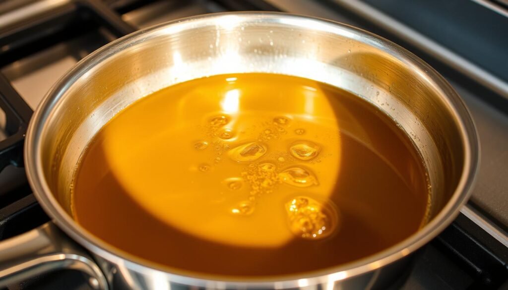 cooking oil in stainless steel pan
